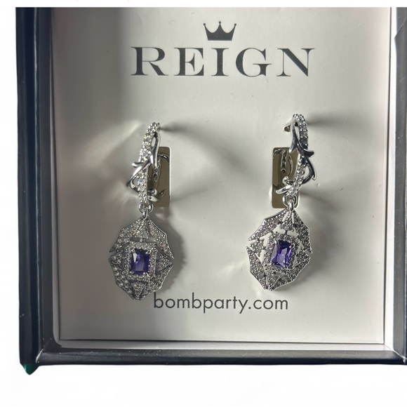 Reign Jewelry - Reign Silver and Purple Drop Earrings with Halo Design